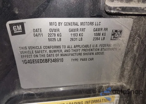 2011 Buick Lacrosse Cxs from USA, damaged, VIN 1G4GE5ED6BF348910